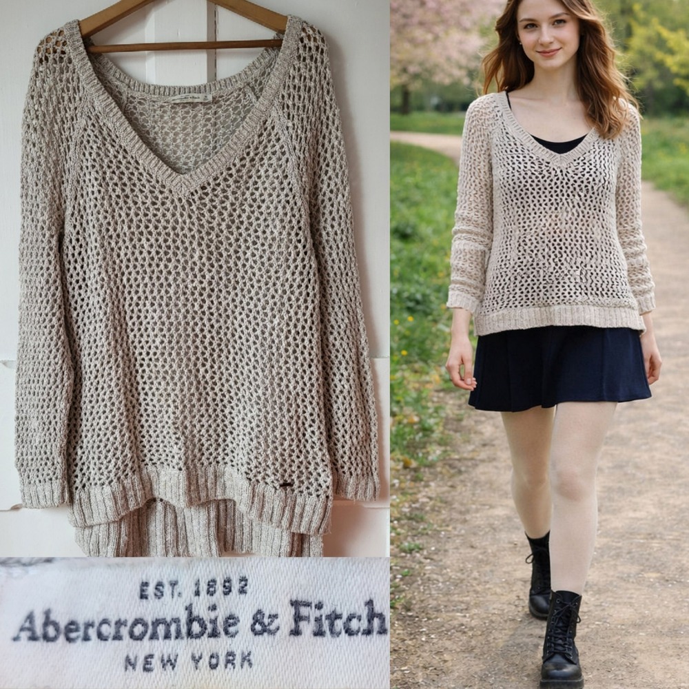 Abercrombie & Fitch Open Knit Crochet Cream V-Neck Sweater Size M